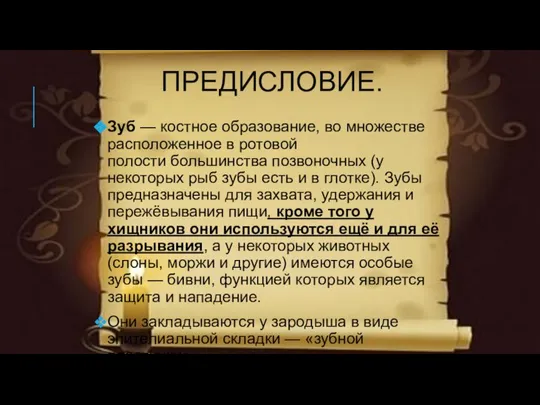 ПРЕДИСЛОВИЕ. Зуб — костное образование, во множестве расположенное в ротовой полости большинства