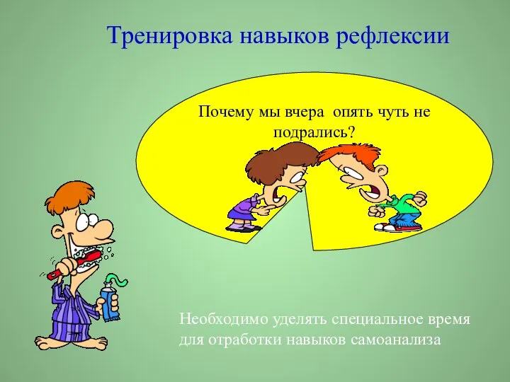 Тренировка навыков рефлексии Необходимо уделять специальное время для отработки навыков самоанализа Почему