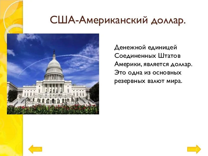 США-Американский доллар. Денежной единицей Соединенных Штатов Америки, является доллар. Это одна из основных резервных валют мира.