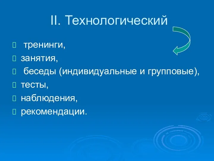 II. Технологический тренинги, занятия, беседы (индивидуальные и групповые), тесты, наблюдения, рекомендации.