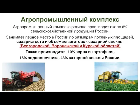 Агропромышленный комплекс Агропромышленный комплекс региона производит около 8% сельскохозяйственной продукции России. Занимает