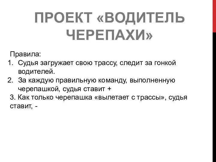 ПРОЕКТ «ВОДИТЕЛЬ ЧЕРЕПАХИ» Правила: Судья загружает свою трассу, следит за гонкой водителей.