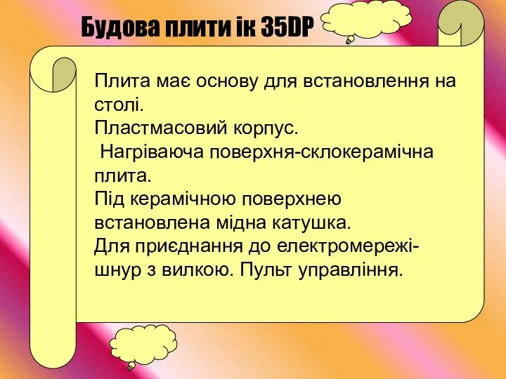 Плита має основу для встановлення на столі. Пластмасовий корпус. Нагріваюча поверхня-склокерамічна плита.