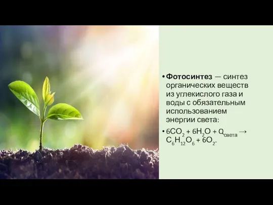 Фотосинтез — синтез органических веществ из углекислого газа и воды с обязательным