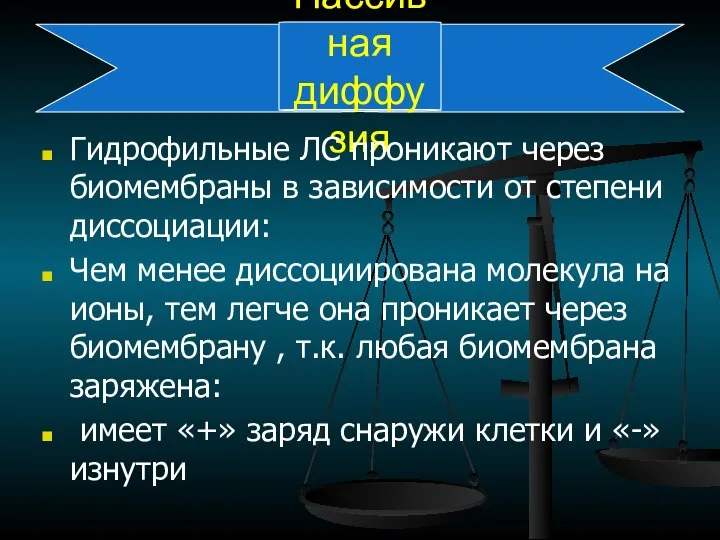 Пассивная диффузия Гидрофильные ЛС проникают через биомембраны в зависимости от степени диссоциации: