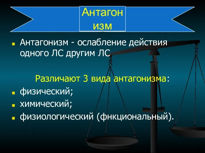 Антагонизм Антагонизм - ослабление действия одного ЛС другим ЛС Различают 3 вида