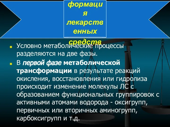 Биотрансформация лекарственных средств Условно метаболические процессы разделяются на две фазы. В первой