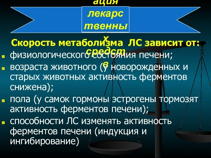 Биотрансформация лекарственных средств Скорость метаболизма ЛС зависит от: физиологического состояния печени; возраста