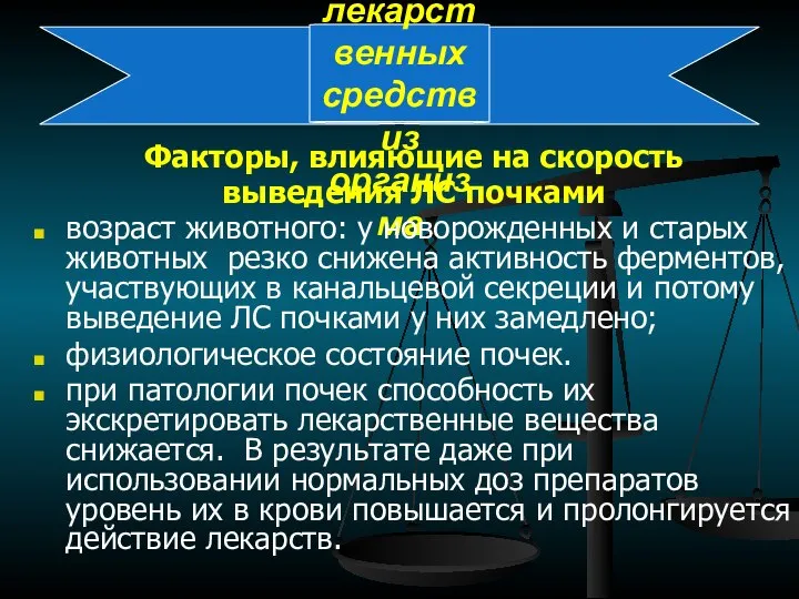 Выведение лекарственных средств из организма Факторы, влияющие на скорость выведения ЛС почками