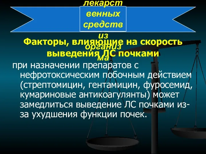 Выведение лекарственных средств из организма Факторы, влияющие на скорость выведения ЛС почками