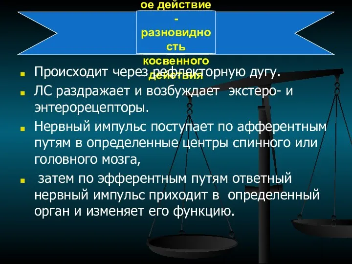 Рефлекторное действие -разновидность косвенного действия Происходит через рефлекторную дугу. ЛС раздражает и