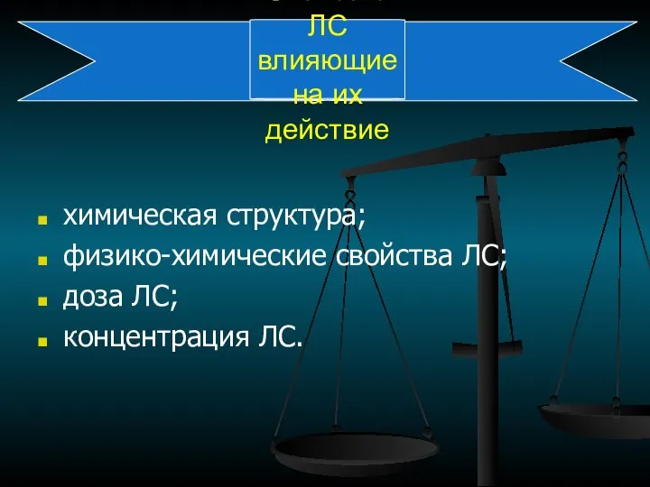 Свойства ЛС влияющие на их действие химическая структура; физико-химические свойства ЛС; доза ЛС; концентрация ЛС.