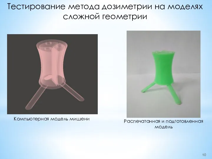 Тестирование метода дозиметрии на моделях сложной геометрии Компьютерная модель мишени Распечатанная и подготовленная модель
