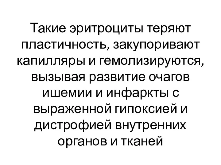 Такие эритроциты теряют пластичность, закупоривают капилляры и гемолизируются, вызывая развитие очагов ишемии