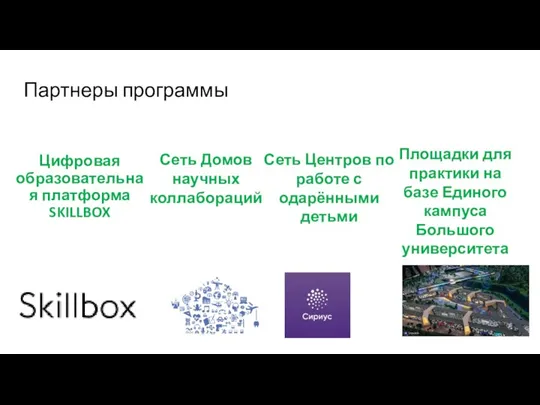 Партнеры программы Цифровая образовательная платформа SKILLBOX Сеть Домов научных коллабораций Сеть Центров