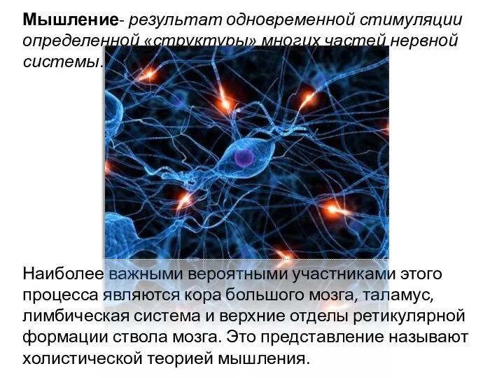 Мышление- результат одновременной стимуляции определенной «структуры» многих частей нервной системы. Наиболее важными