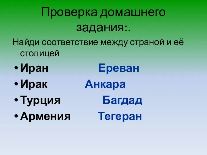 Проверка домашнего задания:. Найди соответствие между страной и её столицей Иран Ереван