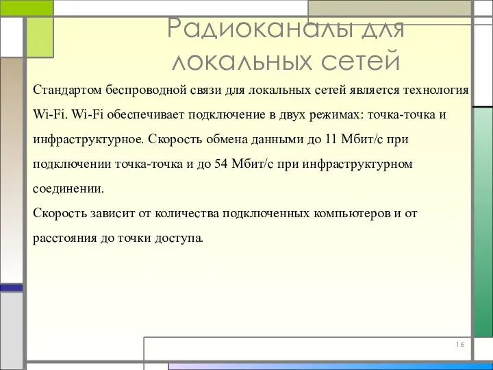 Радиоканалы для локальных сетей Стандартом беспроводной связи для локальных сетей является технология