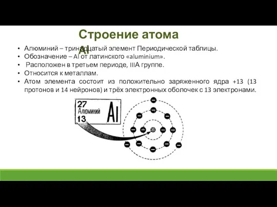 Строение атома Al Алюминий – тринадцатый элемент Периодической таблицы. Обозначение – Al