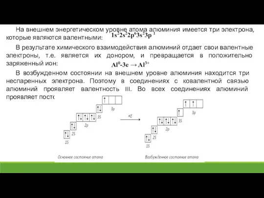 На внешнем энергетическом уровне атома алюминия имеется три электрона, которые являются валентными: