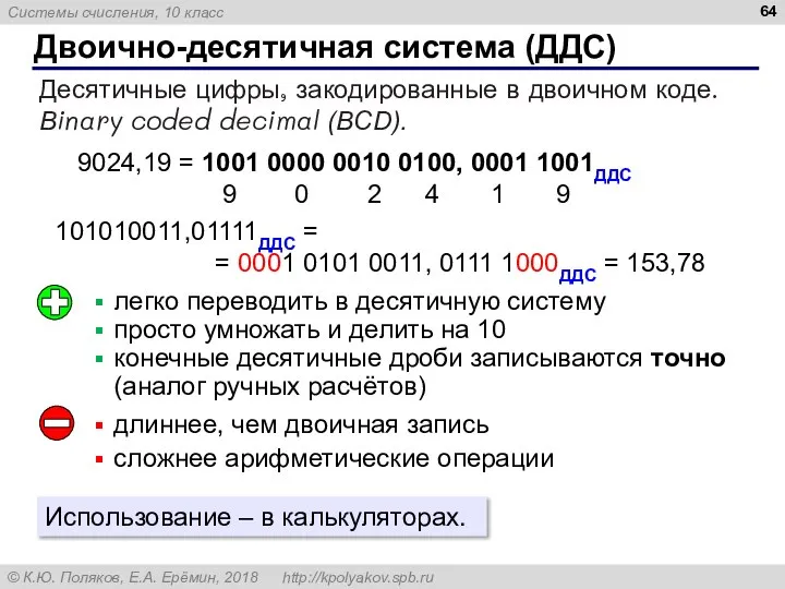 Двоично-десятичная система (ДДС) Десятичные цифры, закодированные в двоичном коде. Вinary coded decimal