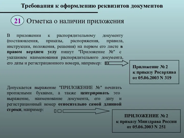 Требования к оформлению реквизитов документов В приложении к распорядительному документу (постановления, приказы,