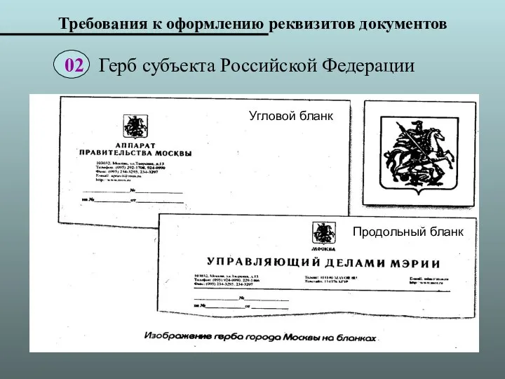 Требования к оформлению реквизитов документов Угловой бланк Продольный бланк