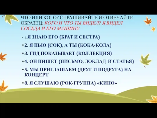 ЧТО ИЛИ КОГО? СПРАШИВАЙТЕ И ОТВЕЧАЙТЕ ОБРАЗЕЦ: КОГО И ЧТО ТЫ ВИДЕЛ?