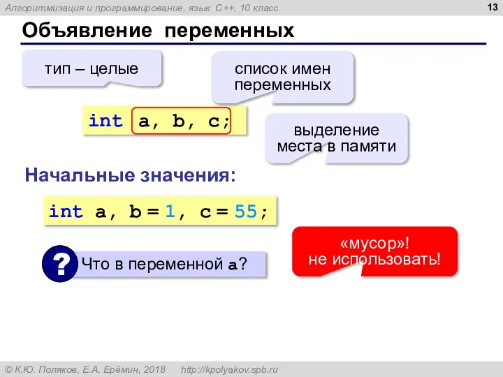 Объявление переменных int a, b, c; выделение места в памяти тип –