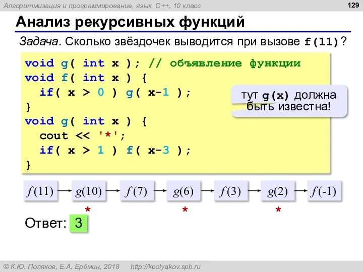 Анализ рекурсивных функций Задача. Сколько звёздочек выводится при вызове f(11)? void g(