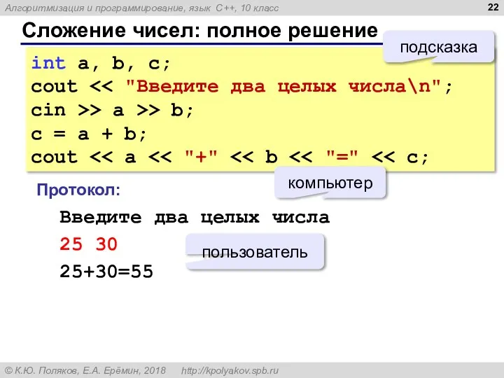 Сложение чисел: полное решение int a, b, c; cout cin >> a