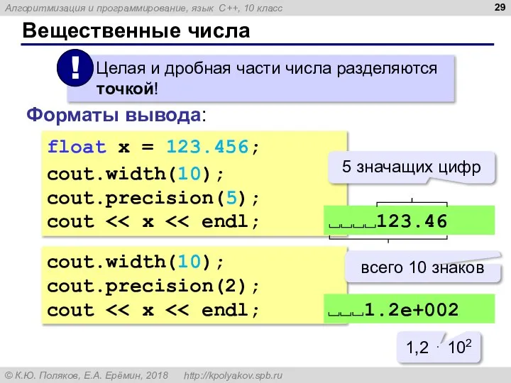 Вещественные числа Форматы вывода: float x = 123.456; cout.width(10); cout.precision(5); cout cout.width(10);