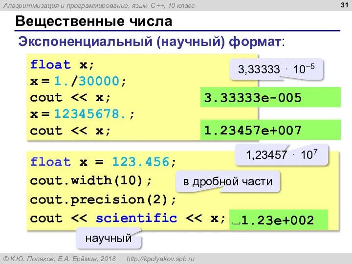 Вещественные числа Экспоненциальный (научный) формат: float x; x = 1./30000; cout x