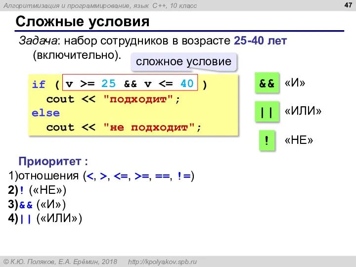 Сложные условия Задача: набор сотрудников в возрасте 25-40 лет (включительно). if (