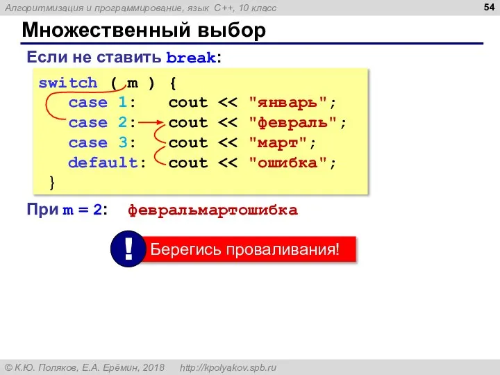 Множественный выбор switch ( m ) { case 1: cout case 2: