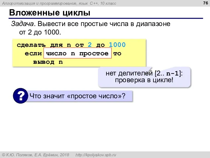 Вложенные циклы Задача. Вывести все простые числа в диапазоне от 2 до