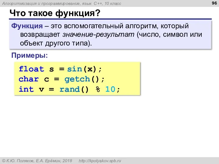 Что такое функция? Функция – это вспомогательный алгоритм, который возвращает значение-результат (число,