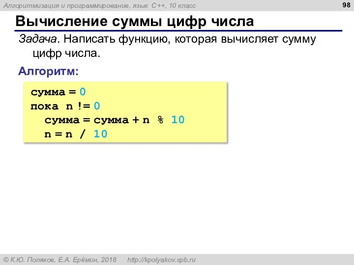 Вычисление суммы цифр числа Задача. Написать функцию, которая вычисляет сумму цифр числа.