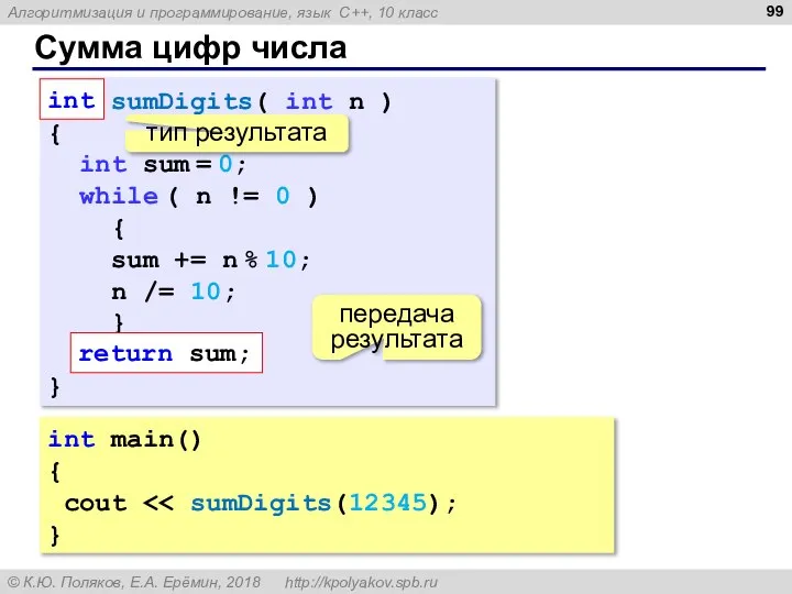 Сумма цифр числа int main() { cout } int sumDigits( int n