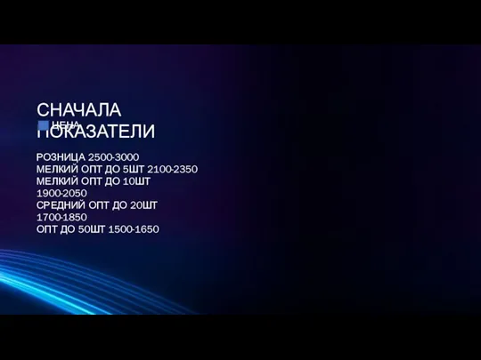 ЦЕНА СНАЧАЛА ПОКАЗАТЕЛИ РОЗНИЦА 2500-3000 МЕЛКИЙ ОПТ ДО 5ШТ 2100-2350 МЕЛКИЙ ОПТ