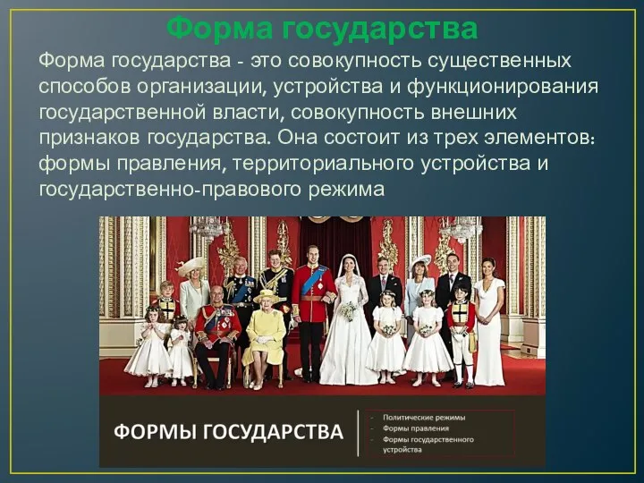 Форма государства Форма государства - это совокупность существенных способов организации, устройства и