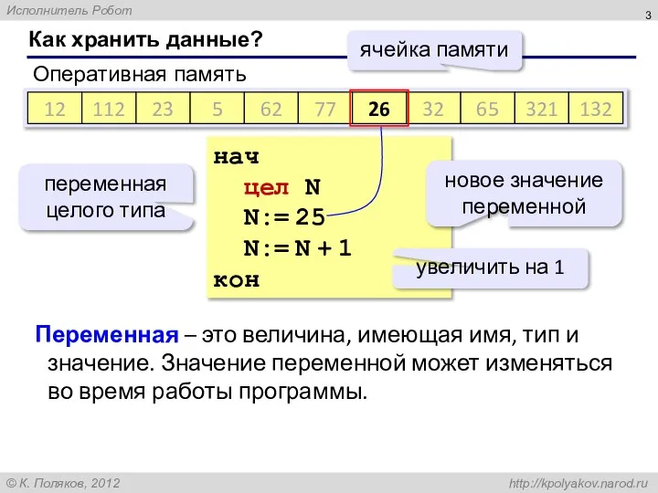 Как хранить данные? Оперативная память 12 112 23 5 62 77 812