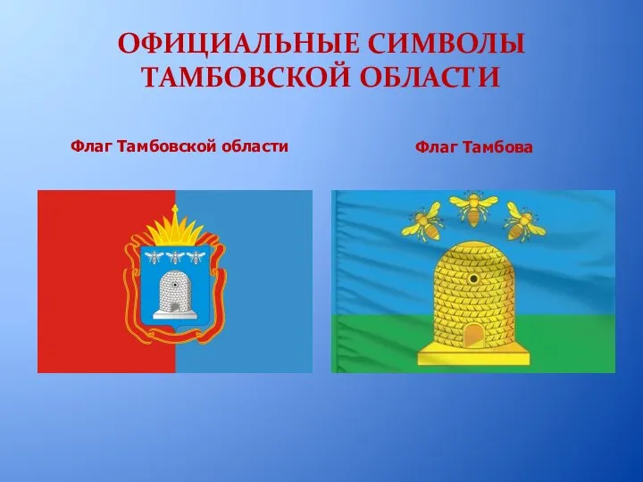 ОФИЦИАЛЬНЫЕ СИМВОЛЫ ТАМБОВСКОЙ ОБЛАСТИ Флаг Тамбовской области Флаг Тамбова