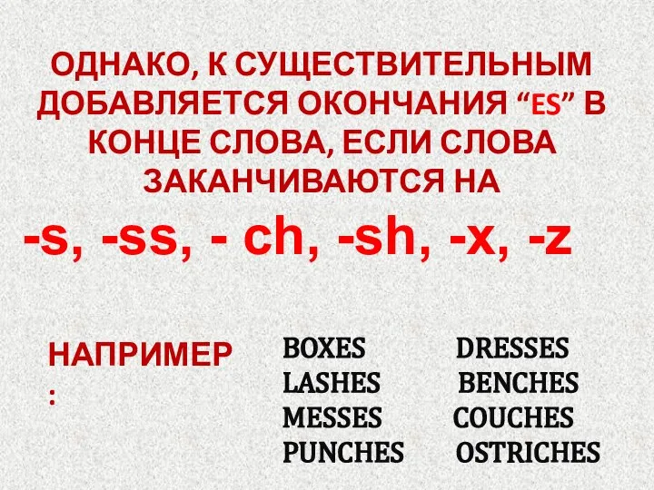 ОДНАКО, К СУЩЕСТВИТЕЛЬНЫМ ДОБАВЛЯЕТСЯ ОКОНЧАНИЯ “ES” В КОНЦЕ СЛОВА, ЕСЛИ СЛОВА ЗАКАНЧИВАЮТСЯ