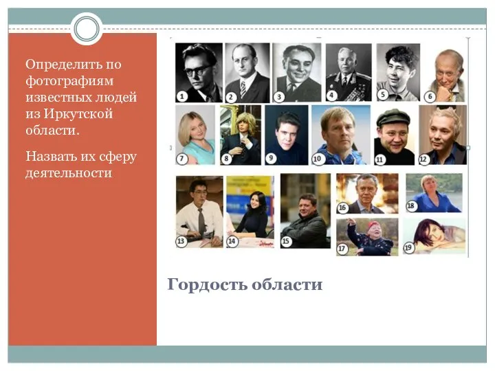 Гордость области Определить по фотографиям известных людей из Иркутской области. Назвать их сферу деятельности