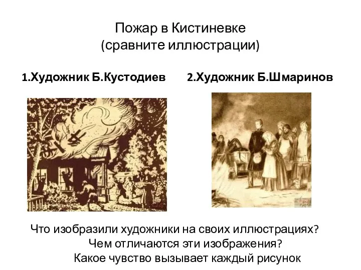 Пожар в Кистиневке (сравните иллюстрации) 1.Художник Б.Кустодиев 2.Художник Б.Шмаринов Что изобразили художники