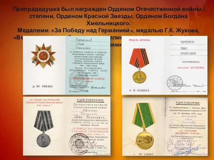 Прапрадедушка был награжден Орденом Отечественной войны I степени, Орденом Красной Звезды, Орденом