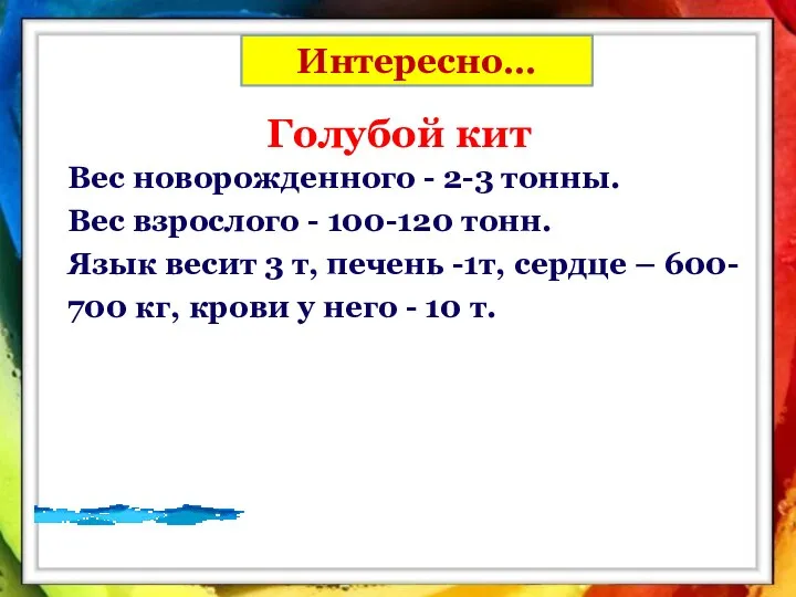 Голубой кит Вес новорожденного - 2-3 тонны. Вес взрослого - 100-120 тонн.