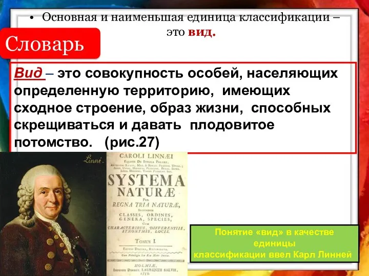 Основная и наименьшая единица классификации – это вид. Словарь Вид – это