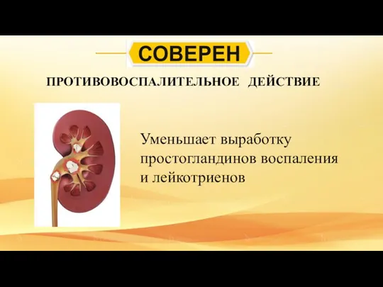 Уменьшает выработку простогландинов воспаления и лейкотриенов ПРОТИВОВОСПАЛИТЕЛЬНОЕ ДЕЙСТВИЕ